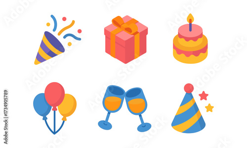 Colorful party elements with gift box, cake, balloons, and celebration hats