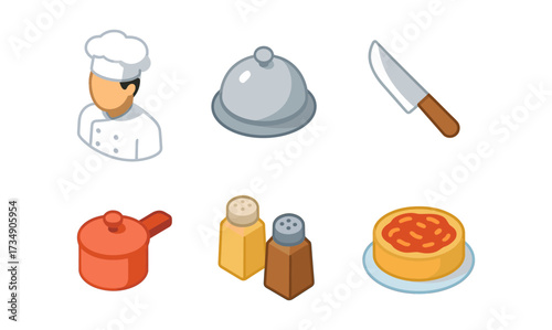 Isometric kitchen elements: chef, cookware, and food icons