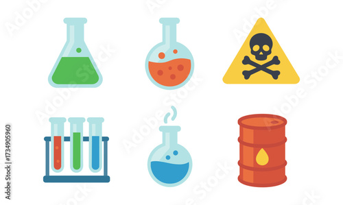 Colorful chemistry icons featuring laboratory equipment and caution symbol