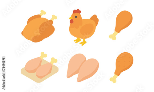 Flat style chicken icons: whole, drumstick, breast, hen set