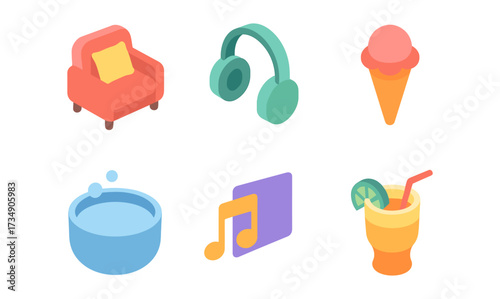 Colorful isometric icons of leisure and entertainment in modern design