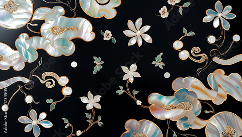 Korean mother-of-pearl patterns. Korean Lacquerware Pattern Design, featuring intricate Mother-of-Pearl Inlay on a rich black Lacquer background, crafted by traditional Korean Najeonchilgi artists