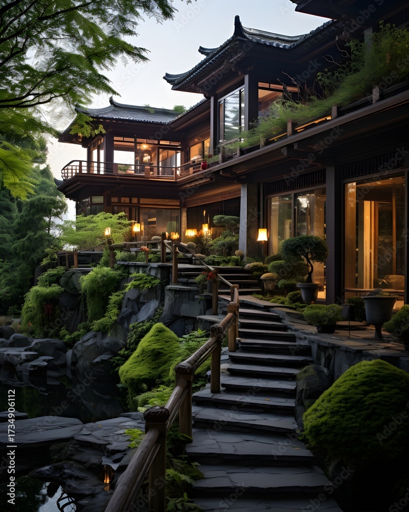 Fototapeta premium Serene Japanese garden estate entrance with tranquil stone pathway leading to elegant traditional architecture and lush greenery