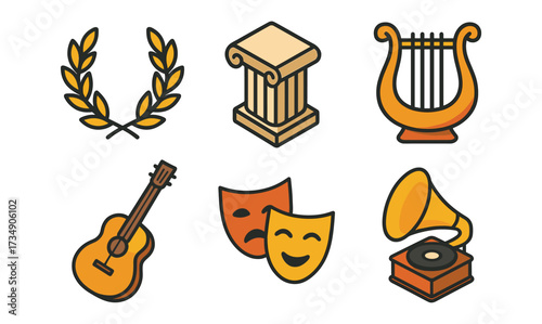 Classic art and culture icons featuring musical and theatrical symbols in colorful outline style