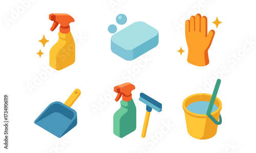 Colorful isometric cleaning tools with bucket, gloves, and soap for housekeeping themes
