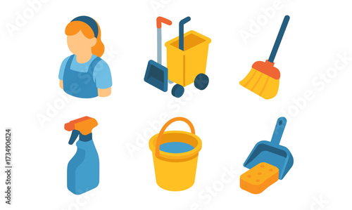 Isometric cleaning tools and worker icons set for maintenance and sanitation