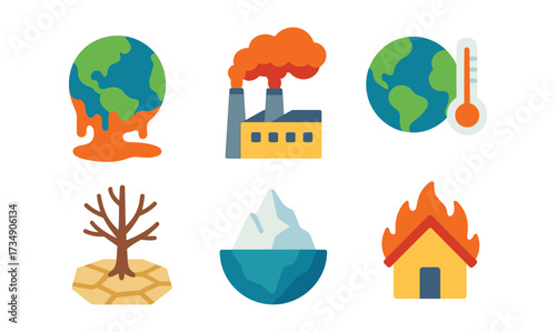 Environmental icons set: climate change, global warming, and pollution depictions
