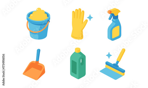 Colorful cleaning tools set: bucket, gloves, spray bottle, and more in isometric design