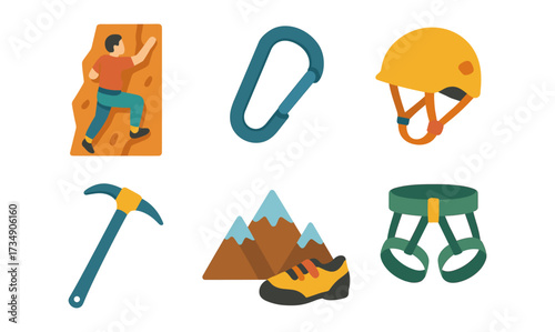 Flat style climbing and mountaineering essentials: gear and equipment icons