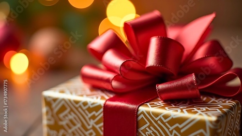 Close-up of Christmas gift box with red ribbon and festive lights background