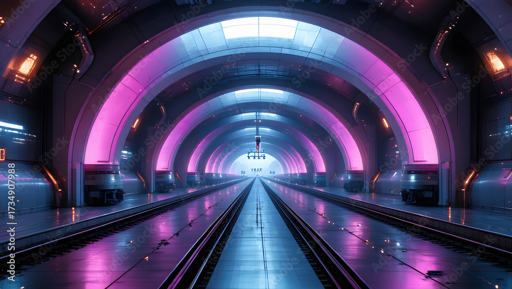 Fototapeta premium Futuristic Train Station at Night