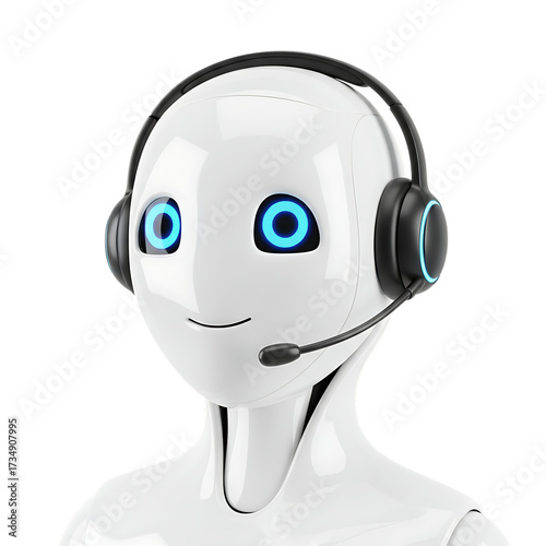 3d illustration of friendly white robot head with headset isolated on transparent background, offering customer service and technical support with a gentle smile