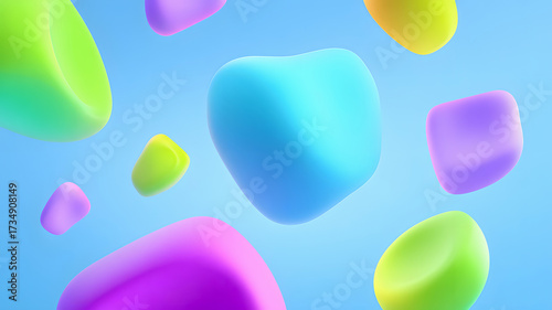 Vibrant abstract fluid blobs float serenely against a clear blue sky background