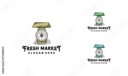 Fresh Farmer Market with scale symbol logo vector, fruit scales hand drawn vintage logo