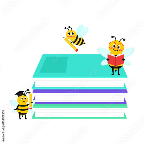 Cute Bees Stack Books Education Adorable Cartoon Bee with Pencil, Books and Reading