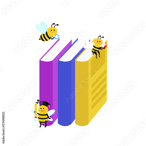 A bright and engaging illustration featuring cute bee characters joyfully interacting with a colorful stack of books, symbolizing a playful approach to learning, knowledge, and education