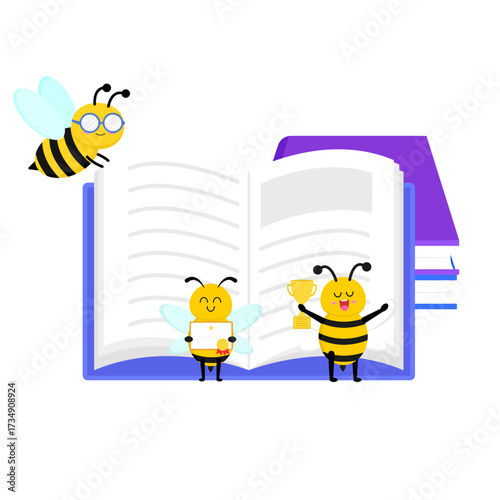 Cute Bee Learning Educational Illustration of Bees Studying with Books and a Trophy