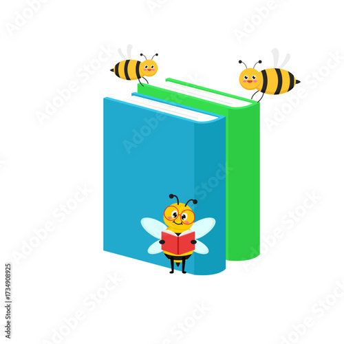 Cute bee characters enjoying learning and reading from books on a white background