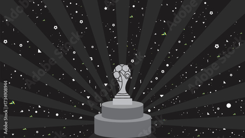 Minimalist abstract football trophy on podium with dark star confetti background for sport event banner