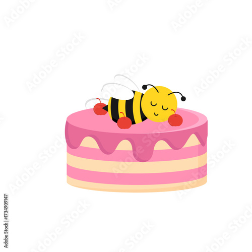 An adorable cute bee peacefully sleeping on a delicious pink striped cake, adorned with sweet red cherries, a charming illustration