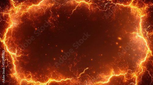 A fiery, orange-yellow border of energy surrounds a dark red core, with sparks