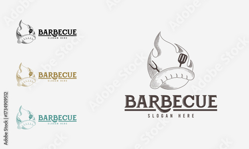 Hand drawn BBQ and barbecue logo identity. Barbeque food or grill design template. Vintage logo vector illustration concept