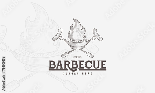 Hand drawn BBQ and barbecue logo identity. Barbeque food or grill design template. Vintage logo vector illustration concept