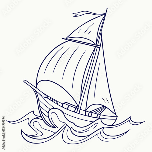 A vintage sailing ship with full sails glides gracefully over stylized ocean waves in a simple dark blue outline drawing