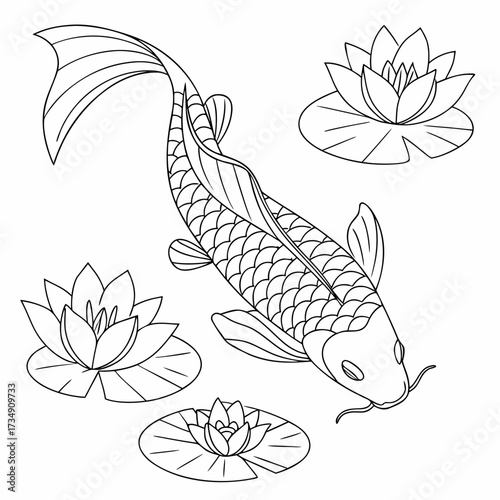 Elegant black and white line art illustration of a swimming koi fish surrounded by blooming water lilies and lily pads on a white background