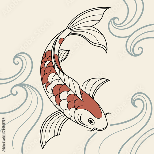 Elegant illustration of a red and white koi fish swimming gracefully through stylized blue waves with a cream background