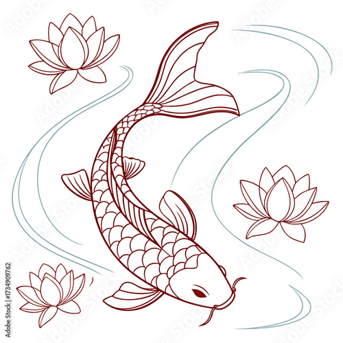 Elegant japanese koi fish swimming gracefully among stylized lotus flowers and water ripples in a minimalist outline style