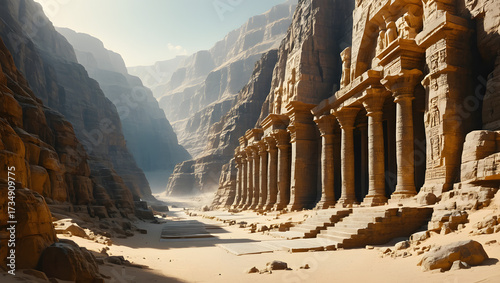 Ancient Temple and Canyon Landscape