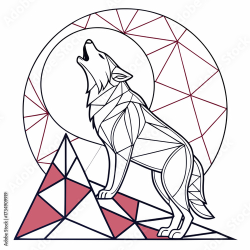 Geometric wolf howling at the moon on a mountain peak with polygonal design elements
