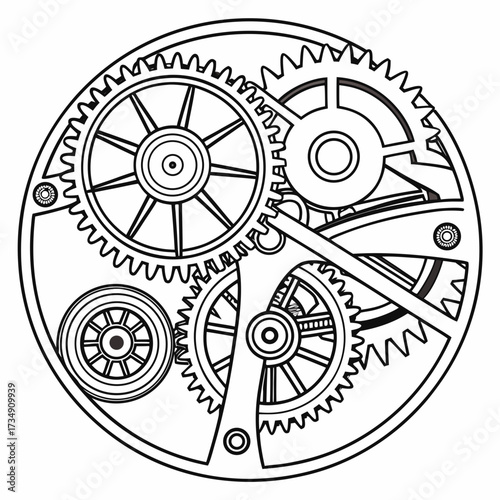Intricate clockwork mechanism detailed line art illustration of interlocking gears and cogs in a circular arrangement