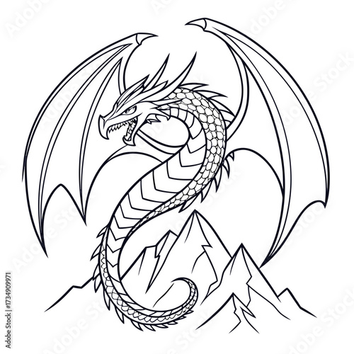 Majestic dragon with spreading wings perched above jagged mountain peaks in a fierce pose