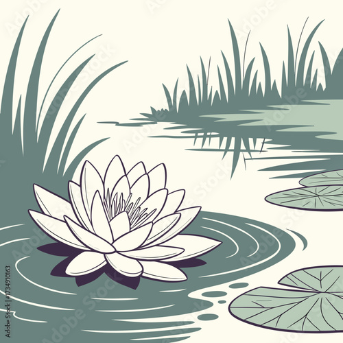 Stylized illustration of a serene pond with a single white water lily in bloom surrounded by lily pads and tall grass