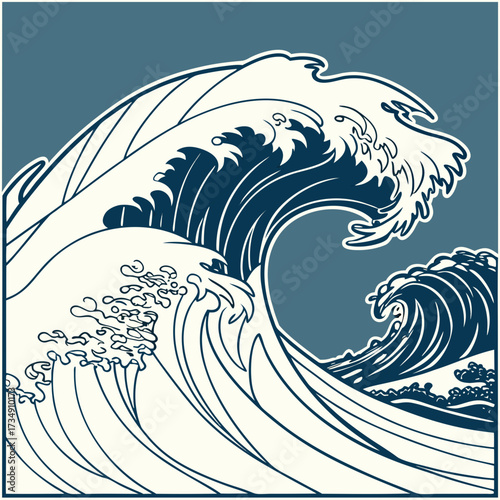 Stylized illustration of powerful ocean waves crashing with foamy crests in a classic japanese art style against a muted blue background