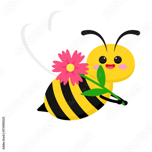 Cute Little Honey Bee Character Holding a Vibrant Pink Flower Illustration