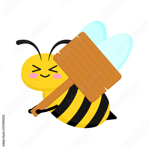 Cute Cartoon Honey Bee Character Holding a Blank Wooden Sign for Custom Messaging