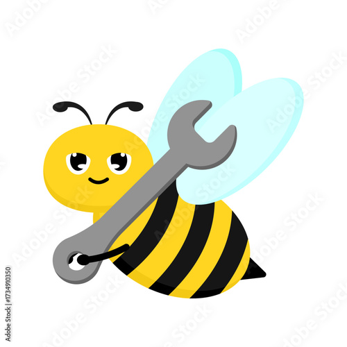 Cute Cartoon Honey Bee Character Holding a Metal Wrench Tool Illustration
