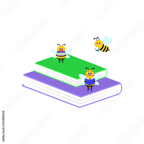 Cute Cartoon Bees Reading Books Educational Illustration Concept for School Learning and Literacy