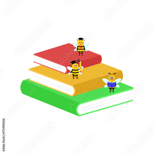 Cute Cartoon Bees Studying with Stack of Colorful Academic Textbooks for Education Concepts