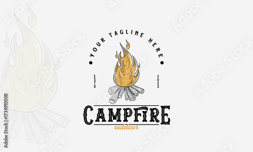 Bonfire Camping Hand Drawn logo template, Bonfire sketch hand drawn engraving style Vector illustration