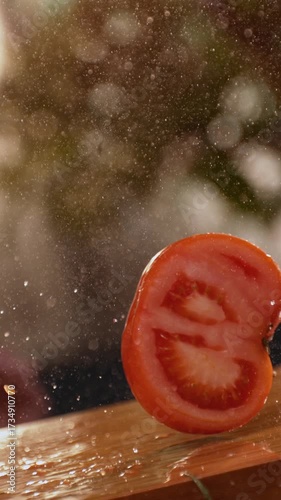 Tracking shot of a chef man throwing up a tomato and cutting it aggressively on chopping board