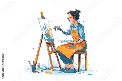 Artist with Prosthetic Arm Painting on Canvas leisure isolated