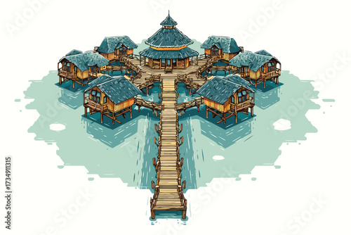 Birds-Eye View of Pier Leading to Overwater Bungalows 3e88fb2c-9849-49a0-b53f-7adf1dc13f8b sea isolated
