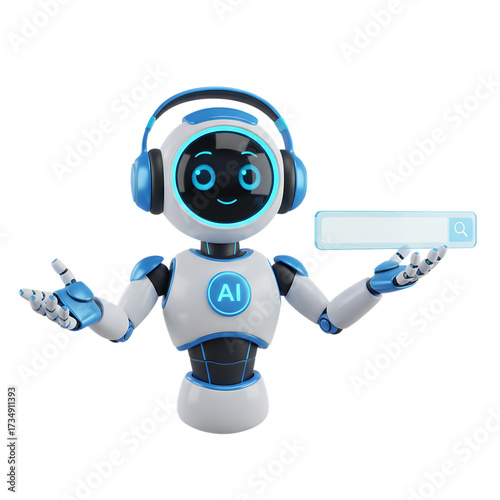 3d illustration of cute ai robot wearing headphones presenting a search bar isolated on transparent background concept of artificial intelligence and machine learning