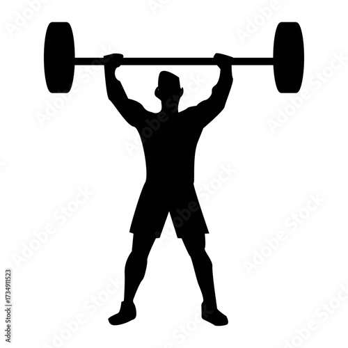 Silhouette of weightlifting exercise: Person lifting a heavy barbell powerfully and enthusiastically on a white background