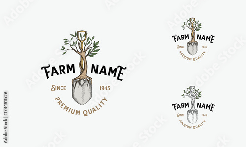 shovel garden logo vector vintage illustration template, Vintage Retro Hand Draw Sketch Scoop Gardening logo template vector, Farming and agriculture logo