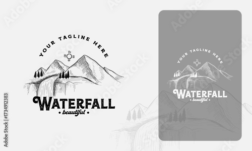 Hand drawn logo of mountain with waterfall vector template, Hand drawn Nature Wonder logo template